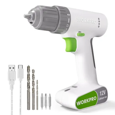 Produktbild von WORKPRO 12V Akkuschrauber, 19NM Drehmoment, 3/8" Bohrfutter, 17+1 Einstellungen, 1500mAh Akku, LED-Licht, inkl. 6tlg. Zubehör, Weiß/Grau