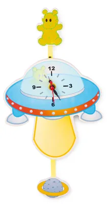 Produktbild von Kinder Wanduhr Ufo-Design aus Holz und Kunststoff mit Pendel, bunt, 32 x 16 x 4,5 cm