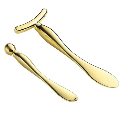 Produktbild von 2er Set Augenmassage Stäbe aus Metall, Gesichtsmassage Roller für Augencreme & Hautpflege, Zinklegierung Gold