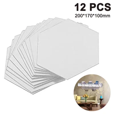 A stack of hexagonal mirror tiles and a lifestyle shot of the tiles mounted on a wall above a sofa.