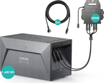 Produktbild von Anker SOLIX Balkonkraftwerk-Set mit (1) Solarbank E1600 Batteriespeicher | 1.600 Wh | LiFePO4 Akku | inkl. MC4 Kabel | WiFi + Bluetooth & (2) & MI80 Mikro-Wechselrichter | 800 Watt | 2 MPPT | IP67 | WiFi + Bluetooth | App-Steuerung | 5m Schuko-Kabel