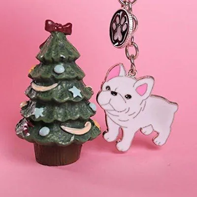Immagine prodotto di Portachiavi a forma di cane, bianco, piccolo, con motivo Bulldog francese, in metallo.