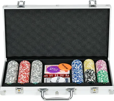 Produktbild von Pokerkoffer Set 300 Chips 11,5G Komplett Pokerset Schloss 2 Decks 5 Würfel Dealer Blind Buttons Silber