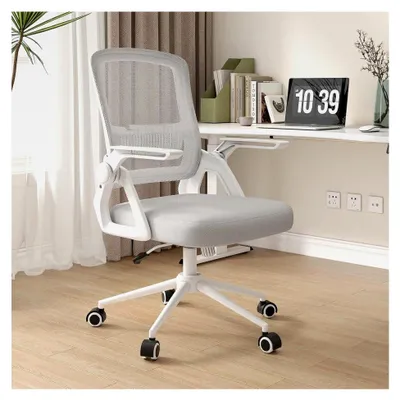 Produktbild von Bürostuhl mit hochklappbaren Armlehnen, ergonomischer Schreibtischstuhl, Drehstuhl mit Netzbespannung, Lordosenstütze, höhenverstellbar, Wippfunktion, gepolstertem Sitzkissen, grau