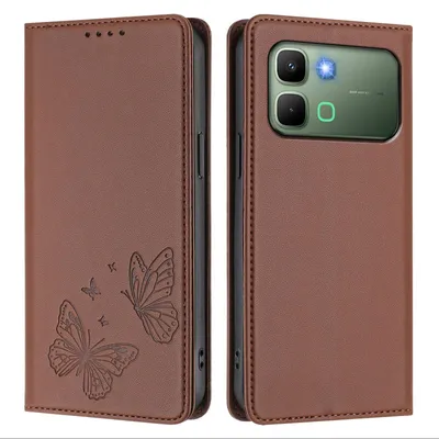 Image de Étui en cuir pour Infinix Note Edge, étui de protection type portefeuille en cuir gaufré « papillon » avec support, marron