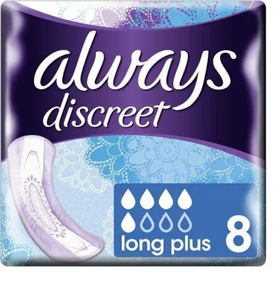 Produktbild von Always und Aldays Discreet Long Plus Bei Blasenschwäche 8 Stück