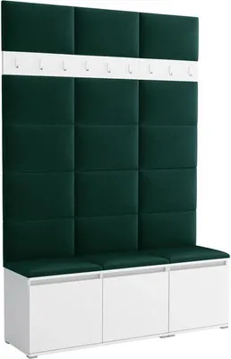 Produktbild von Garderoben-Set Noris III, gepolsterte Garderobe mit Sitzbank, Flurmöbel mit Wandpaneelen, Haken und Stauraum (Farbe: Weiß + Trinity 28)