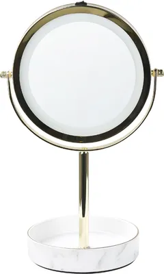 Produktbild von BELIANI Kosmetikspiegel mit LED-Beleuchtung Gold u. Weiß ø 20 cm aus Eisen u. Keramik Doppelseitig Vergrößerungsspiegel Schminkspiegel Tischspiegel