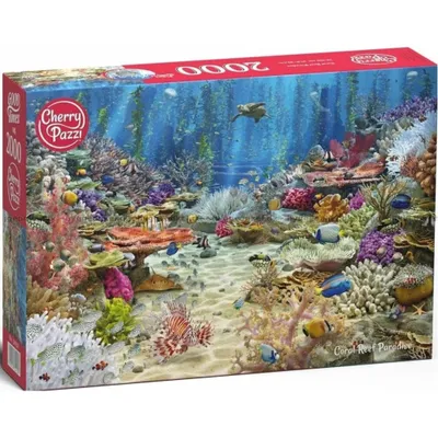 A box of a 2000-piece jigsaw puzzle depicting a coral reef paradise.