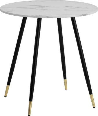 Runder Esszimmertisch 75x75x76cm mit weißer Marmorplatte und schwarzen Metallbeinen mit goldfarbenen Füßen, Gesamtansicht.