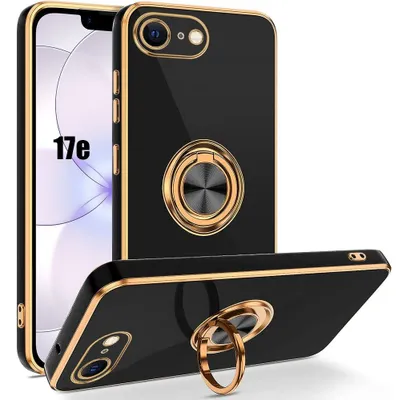 Image de Coque pour iPhone 17e, Silicone Slim Anti-Rayures avec Anneau Rotatif 360° - Noir