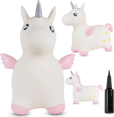 Produktbild von SUN BABY hüpftiere ab 1 Jahr mit Pumpe aufblasbares Hüpfspielzeug aus hochwertigem und strapazierfähigem Gummi weißes Einhorn mit Flügeln