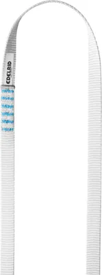 Edelrid PES Sling 3R 16mm; eine weiße Klettersling mit blauen Markierungen.