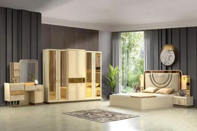 Produktbild von Beiges Schlafzimmer-Set  Art-Déco Bett Designer Spiegelschrank 5tlg