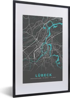 Produktbild von MuchoWow® Gerahmtes Poster Blau - Deutschland - Karte - Stadtplan - Lübeck 40x60 cm - Poster mit Schwarzem Bilderrahmen Wandposter Rahmen Foto Bilder - Poster in Rahmen