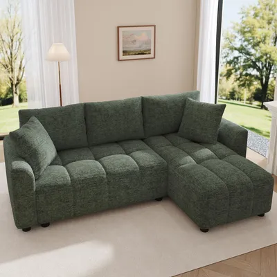Immagine prodotto di Divano a 3 posti Merax, divano ad angolo a L con chaise longue, tessuto in ciniglia, divano per soggiorno e appartamento, con 2 cuscini, divano, verde