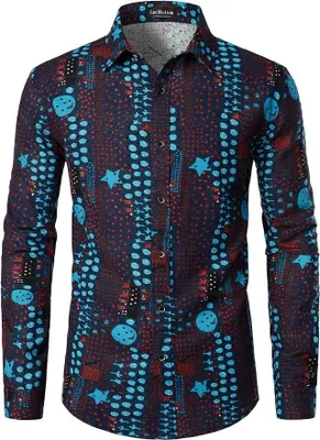 Zdjęcie produktu dla Koszula męska Afrykańskie wzory Długie rękawy Elegancka Ciemnoniebieska 3XL