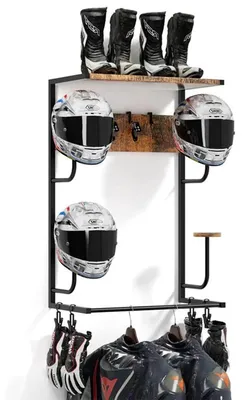 Zdjęcie produktu dla Uchwyt na kask motocyklowy – ścienny stojak na kask – 4 klipsy na rękawiczki i haczyki – półka z drewna i metalu – do przechowywania w garażu i przedpokoju – brązowy 1