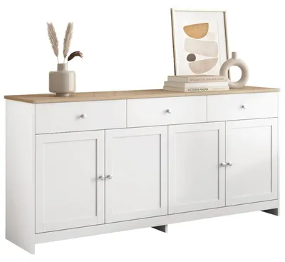 Zdjęcie produktu dla Komoda Weiss, imitacja drewna, wymiary 160x75x37 cm, z 3 szufladami i 4 drzwiczkami