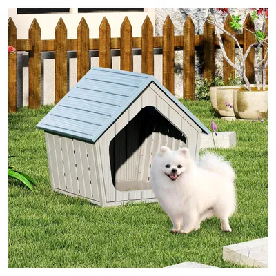 Produktbild von Hundehütte für den Außenbereich, winterfestes Hundehaus aus Kunststoff, Hundehöhle mit Lüftungsöffnungen & schrägem Dach, Haustierhaus für Garten und Innenbereich, Blau+Grau, 59,5 x 57 x 58 cm