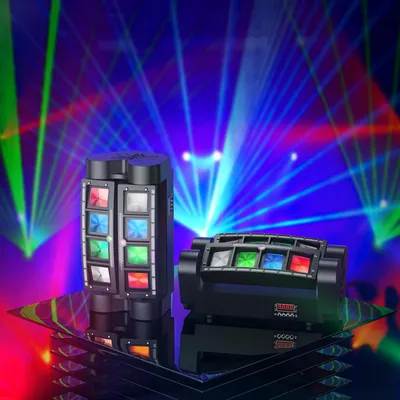 Produktbild von 4er-Set Mini Spider - Moving-Head Scheinwerfer - 60 W LED RGBW - DMX512, 11/19 Kanäle - Soundaktiv, Master-Slave - 8×3 W, 2×24 Pixelstreifen - 90–240 V - Rot