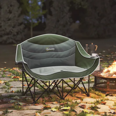 Produktbild von Faltstuhl 2-Sitzer klappbar, Campingstuhl Doppelsitz mit Getränkehalter, 600D Oxfordstoff, Grün | 143 x 50 x 90 cm | bis 250 kg | inkl. Tragetasche