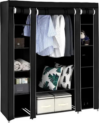Produktbild von Kleiderschrank Stoffschrank Faltbarer Kleiderschrank mit 12 Fächern & Kleiderstange tragbarer Schrank Vlies 150×45×175 cm – Schwarz
