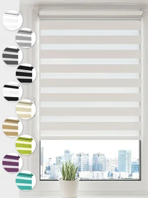 A close-up of a window with a roller blind and a city skyline visible through the window.