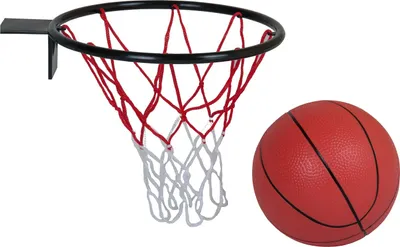 A basketball hoop and a basketball are shown against a white background.