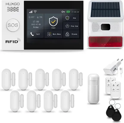 Produktbild von HUXGO HXA007 Alarmanlage Haus WiFi + GSM 4G mit Funk Sirene, Alarm System mit 1x Bewegungssensor und 9x Tür-Fenstersensor, Alarmanlage für Wohnung, Haus, Garage, Tuya Smartlife App