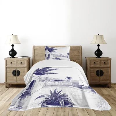 Produktbild von ABAKUHAUS Vintage Boat Tagesdecke Set, Strand Haus am Meer Sunny Sommer mediterranen Klima Artwork Print, 170 x 220 cm, Indigo und Weiß