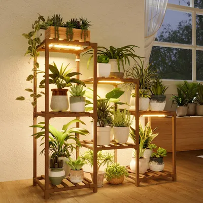 Produktbild von Blumenständer mit Pflanzenlampe, hölzernes Pflanzenregal mit 6 Ebenen und LED-Pflanzenlampe, Zimmerpflanzenständer, moderner Blumenständer für Wohnzimmer und Balkon