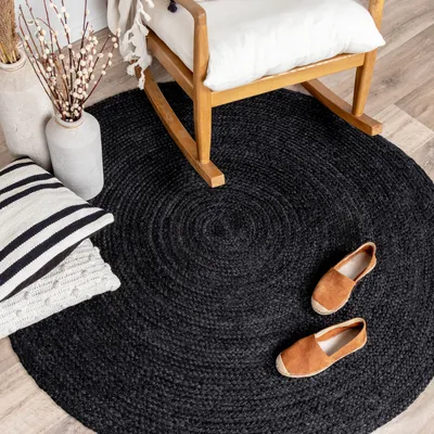 Produktbild von Jute Teppich Rund - Fair Schwarz - Ø 100cm - Boho, Ländlich, Modern - Wohnzimmer, Esszimmer, Schlafzimmer -  NATURL.