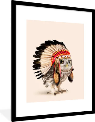 Produktbild von MuchoWow® Gerahmtes Poster Eule - Indianer - Federn - Tiere 60x80 cm - Poster mit Schwarzem Bilderrahmen Wandposter Rahmen Foto Bilder - Wohnzimmer - Dekorationen - Prämie