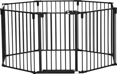 A black metal pet playpen with a gate is shown against a white background.