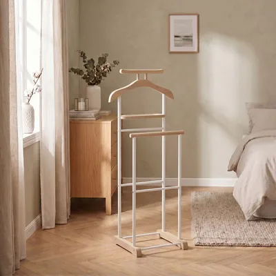 Produktbild von Herrendiener MEDINA, Sonoma Eiche/Weiß - Kleiderständer mit Hosenbügel und Sakkohalter, Stummer Diener mit Ablage für Schmuck oder Uhren, Kleiderablage Schlafzimmer, MDF/Metall