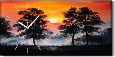 Produktbild von Leinwand Uhr Küche Wohnzimmer Bild 60x30 Landschaft Sonnenuntergang Wald Nebel - weiße Hände