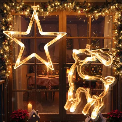 Productafbeelding van LED kerststerren raamverlichting, 2 stuks, warmwit. LED rendierlampjes voor het raam, hanglampen, op batterijen. Kerstdecoratie voor deur, huis, feestjes