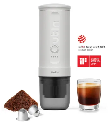 Produktbild von Outin OTEM-01-PW Przenośny elektryczny ekspres do kawy, Weiß, Kaffeekapsel, Gemahlener Kaffee, 20 bar, 92 °C, 7500 mAh, 2,5 h