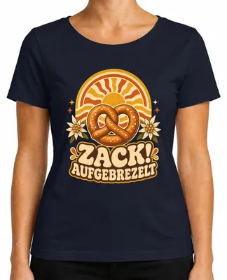 Produktbild von Zack! Aufgebrezelt Brezel Edelweiß Bayern Trachtenshirt Lederhose Damen T-Shirt, Navy, XL