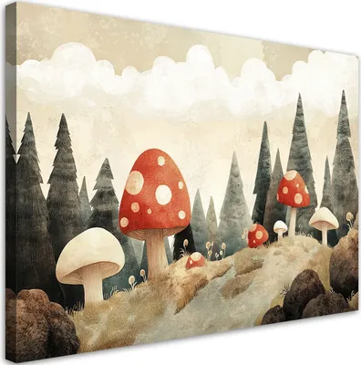 Produktbild von Leinwandbild für Kinderzimmer Pilze Wald Bäume Natur Beige 100x70 Feeby Beige bild für die wand bereit zum aufhängen