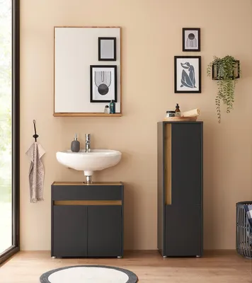 Produktbild von Badmöbel Set 3-teilig mit Waschtischunterschrank 60cm, in Anthrazit mit Eiche - CRISP-61