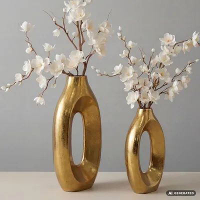 Produktbild von WOHNLING Dekovase 2er Set Metall Gold Design Blumenvase Groß Metallvase für Blumen und Trockenblumen Standvase Hoch Deko Wohndeko Handmade, KI-generiertes Bild