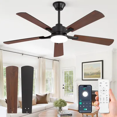 Immagine prodotto di Ventilatore a soffitto con luce a LED - 132 cm - Nero e noce - Motore silenzioso - Per interni