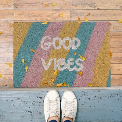 Produktbild von Relaxdays Fußmatte Kokos, Türvorleger "Good Vibes", gestreift, rutschfest, Kokosfußmatte innen & außen, 40x60 cm, bunt