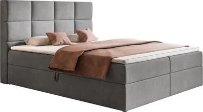Produktbild von Boxspringbett 180x200 cm Solo - Bett mit Zwei Bettkästen - Matratze & Topper inklusive - Samtstoff (Grau - Jasmine 90)