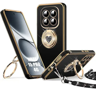Image de Coque pour Xiaomi Redmi Note 15 Pro 4G, Silicone avec Anneau Motif Cœur et Cordon - Noir