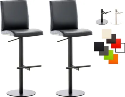 Two black bar stools are shown on a white background, with a collage of color swatches and base options to the right.