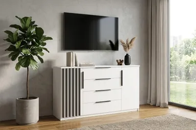 Produktbild von Atena Kommode mit Lamellen - Loft-Stil - 160 x 48 x 89 cm - Gehäuse Weiß, Fronten Weiß, Lamellen Schwarz