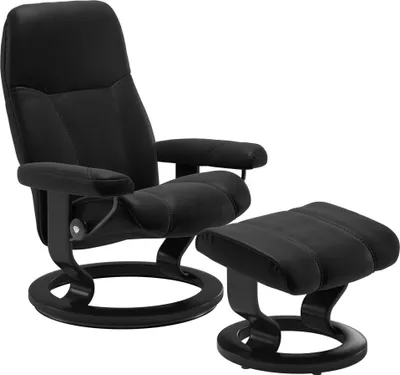 Produktbild von Stressless® Relaxsessel Consul M Classic, mit Hocker, Leder Batick schwarz, Holz schwarz gebeizt, Qualitätsmöbel aus Norwegen
